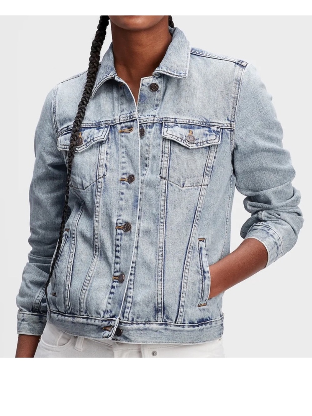 GAP Washed Light Blue Denim Distressed Trucker Jacket Size Small